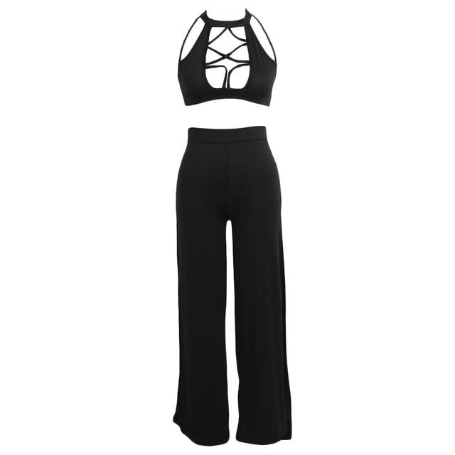 turtleneck sleeveless hollow out crop top two piece jumpsuit