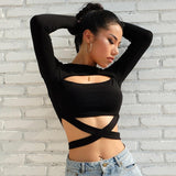 hollow out criss cross bandage long sleeve crop top