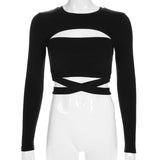 hollow out criss cross bandage long sleeve crop top