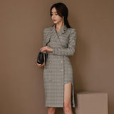 plaid polyester turn down collar button long sweater