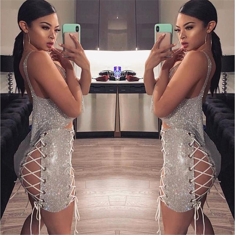 luxury glitter metal crystal diamonds hollow out lace up mini skirt