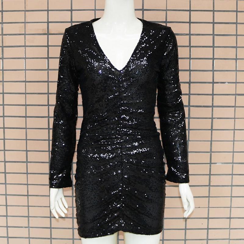 ruched deep v neck long sleeve bodycon sequin dress