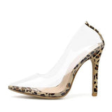 transparent leopard grain party pump heel
