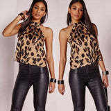 leopard print halter neck sleeveless button crop tops