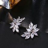 classic leaf shape bright cubic zirconia stud earrings