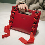 pu leather ribbon detail square shaped handbag