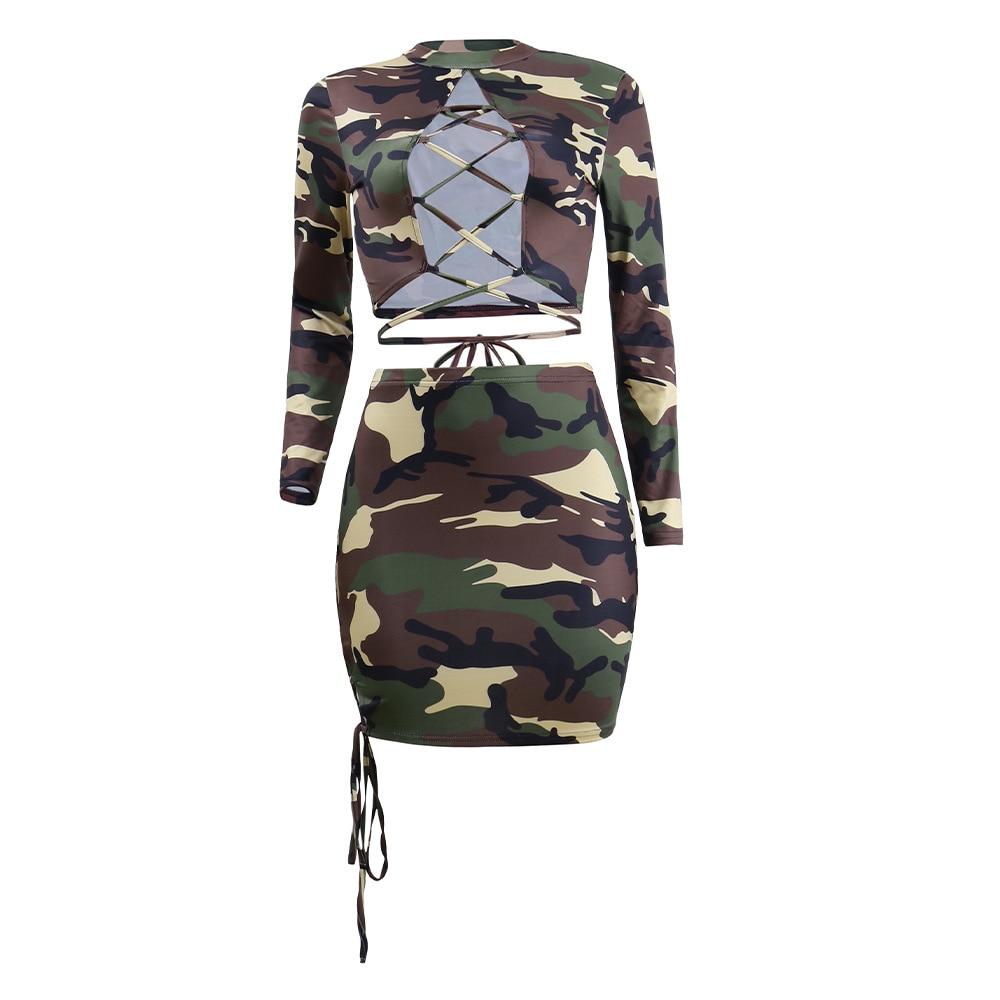 lace up camouflage print hollow out wrap two piece dress