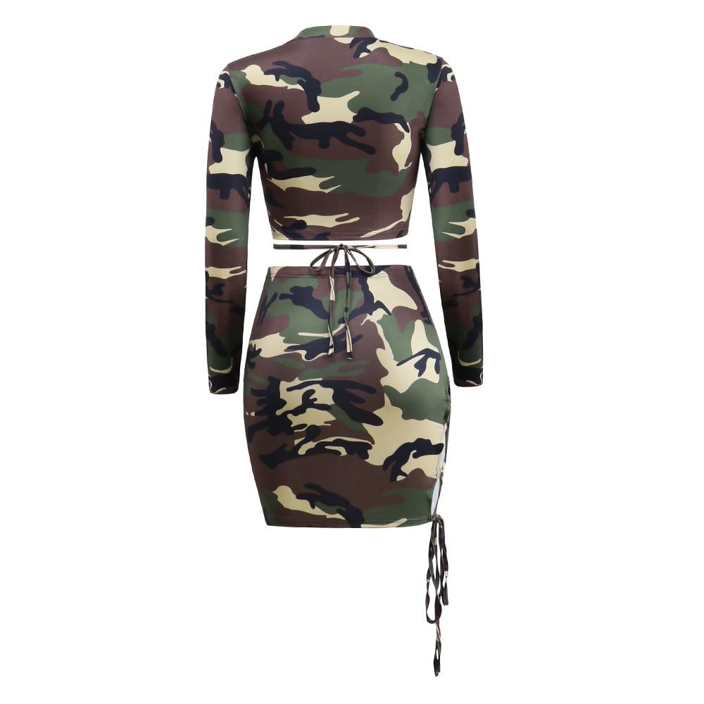 lace up camouflage print hollow out wrap two piece dress