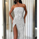 fold over off shoulder high slit long sequin dress