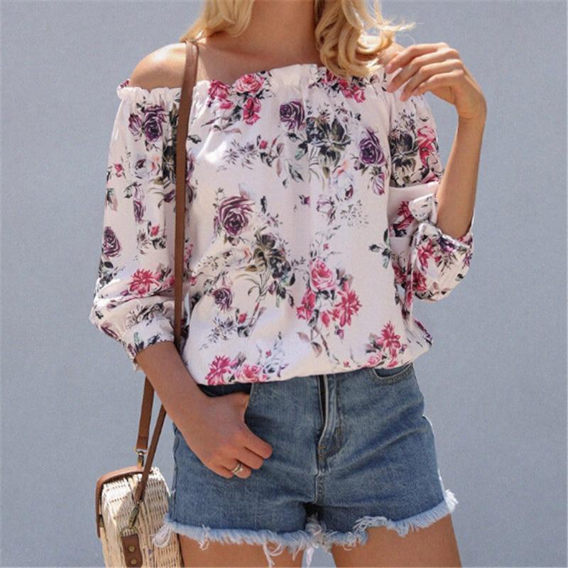 off shoulder loose floral print sleeved blouse