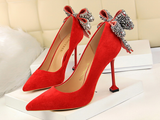 sweet crystal butterfly knot pointed toe slim square tip high heel